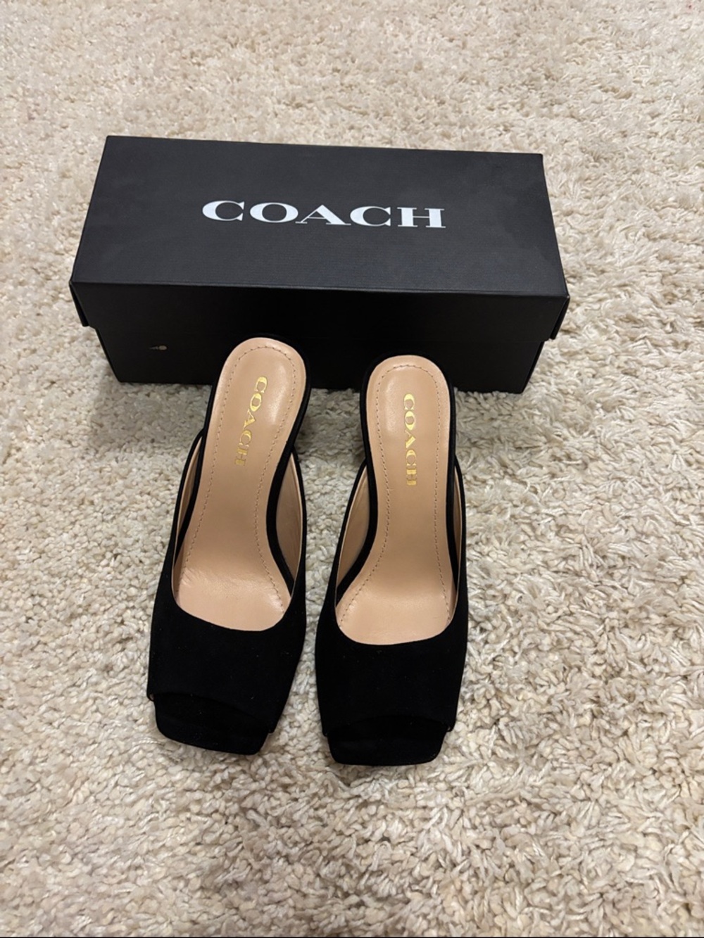 COACH Black Suede Open-Toe Mule Heels